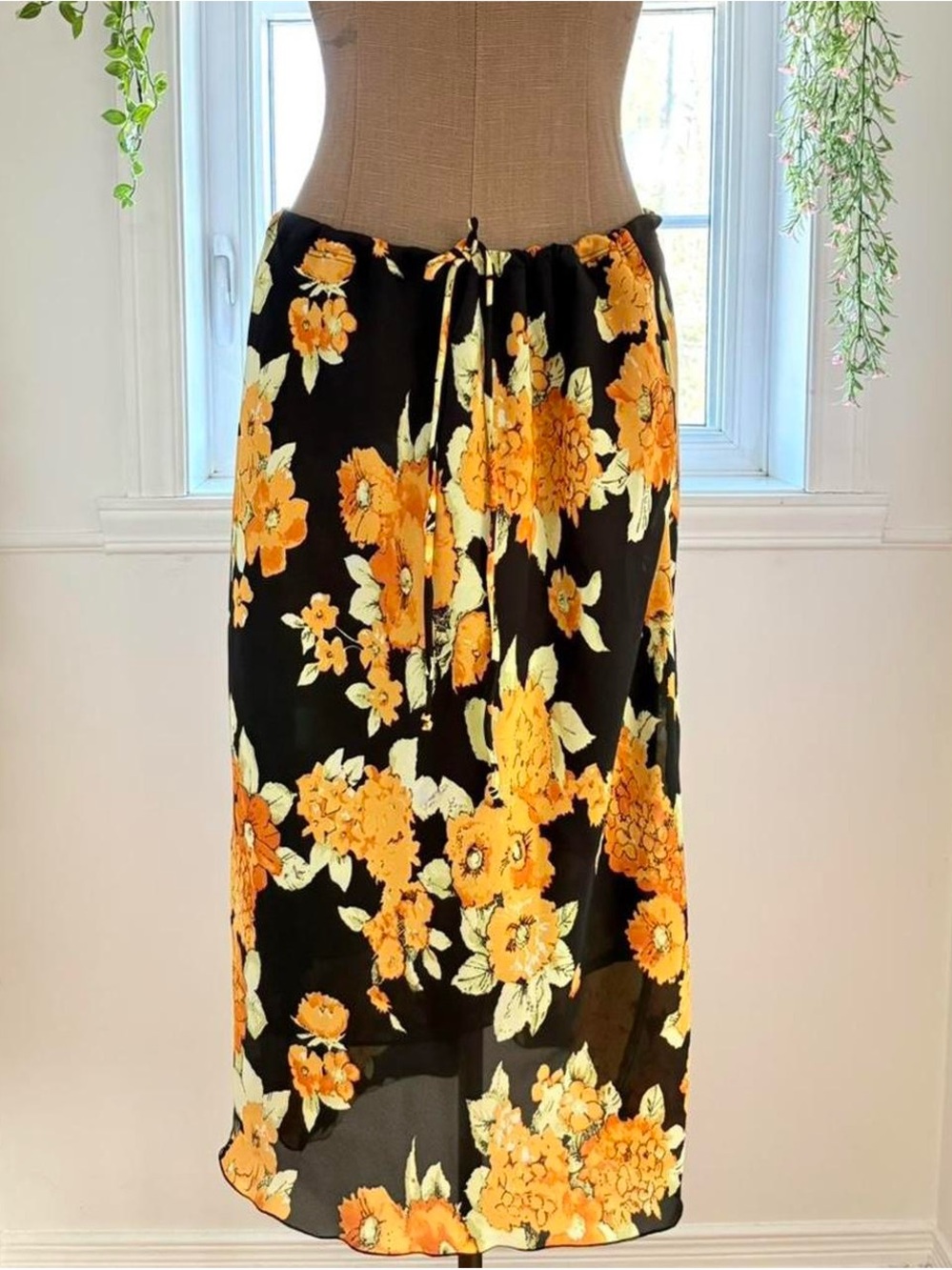 Reitmans Black Midi Skirt with Orange Floral Print